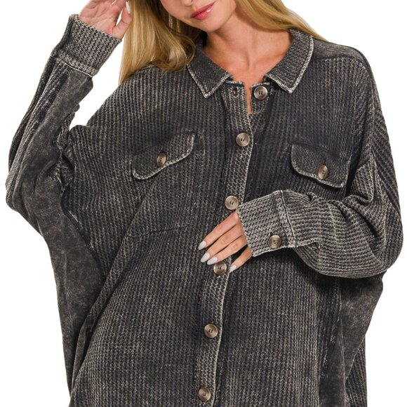 ZENANA LADES ACID WASH OVERSIZED COTTON BUTTON DOWN WAFFLE SHACKET - ASH BLACK - Picture 1 of 3